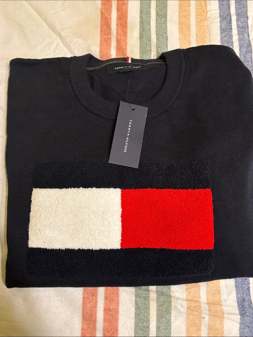 Tommy Hilfiger Black Crewneck Sweater with White and Red Flag Panel
